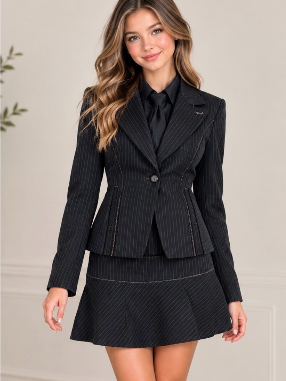 bebe Navy Pinstripe Blazer and Skirt Set
